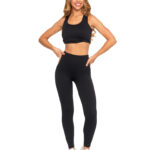 Legginsy damskie o wysokim stanie z prążkowaną strukturą CZARNY