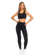 Legginsy damskie o wysokim stanie z prążkowaną strukturą CZARNY