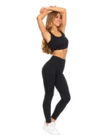 Legginsy damskie o wysokim stanie z prążkowaną strukturą CZARNY - obrazek 2