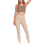 Legginsy damskie prążkowane z wysokim stanem BEŻOWY