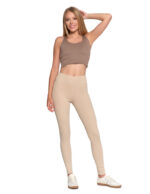 Legginsy damskie prążkowane z wysokim stanem BEŻOWY