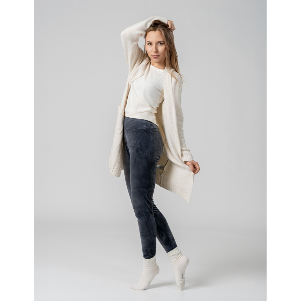 Legginsy damskie welurowe z wysokim stanem SZARY