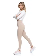 Legginsy damskie z wysokim stanem prążkowane sportowe BEŻOWY - obrazek 2